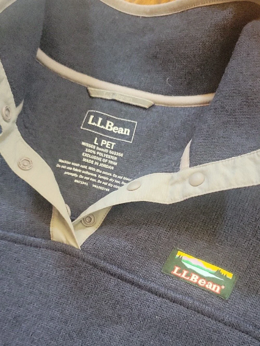 L.L. Bean Navy Fleece Quarter-Snap Pullover with Light Gray Trim PETITE LARGE